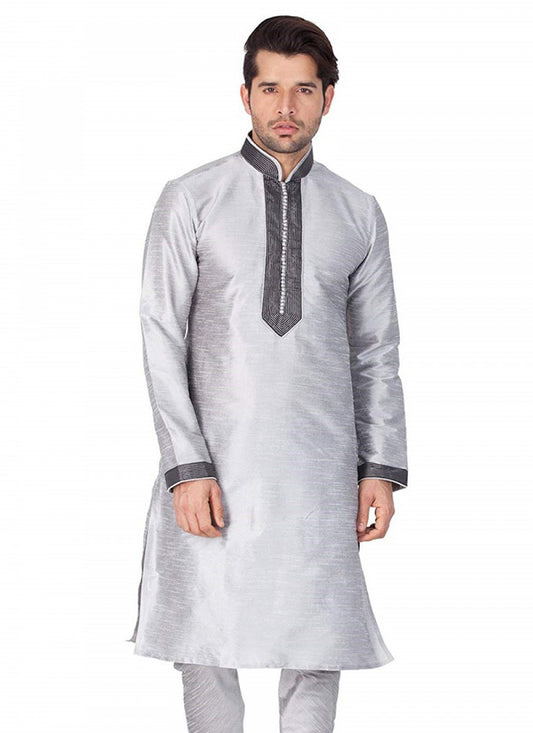 Embroidered Art Dupion Silk Grey Kurta - M1258