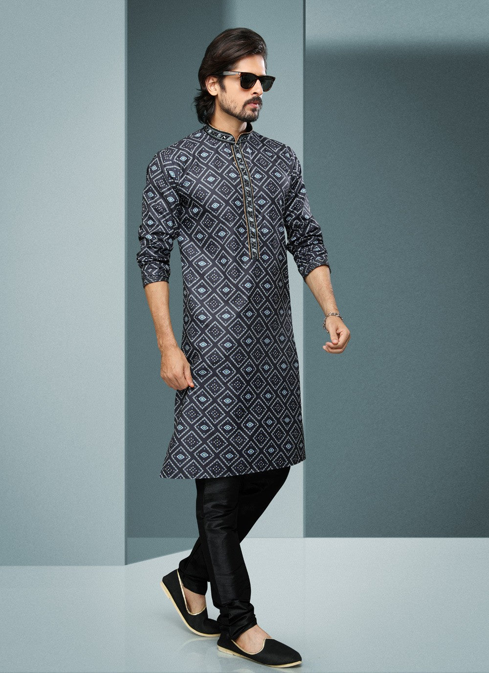 Digital Print Handloom Cotton Black Kurta Pyjama - M4072