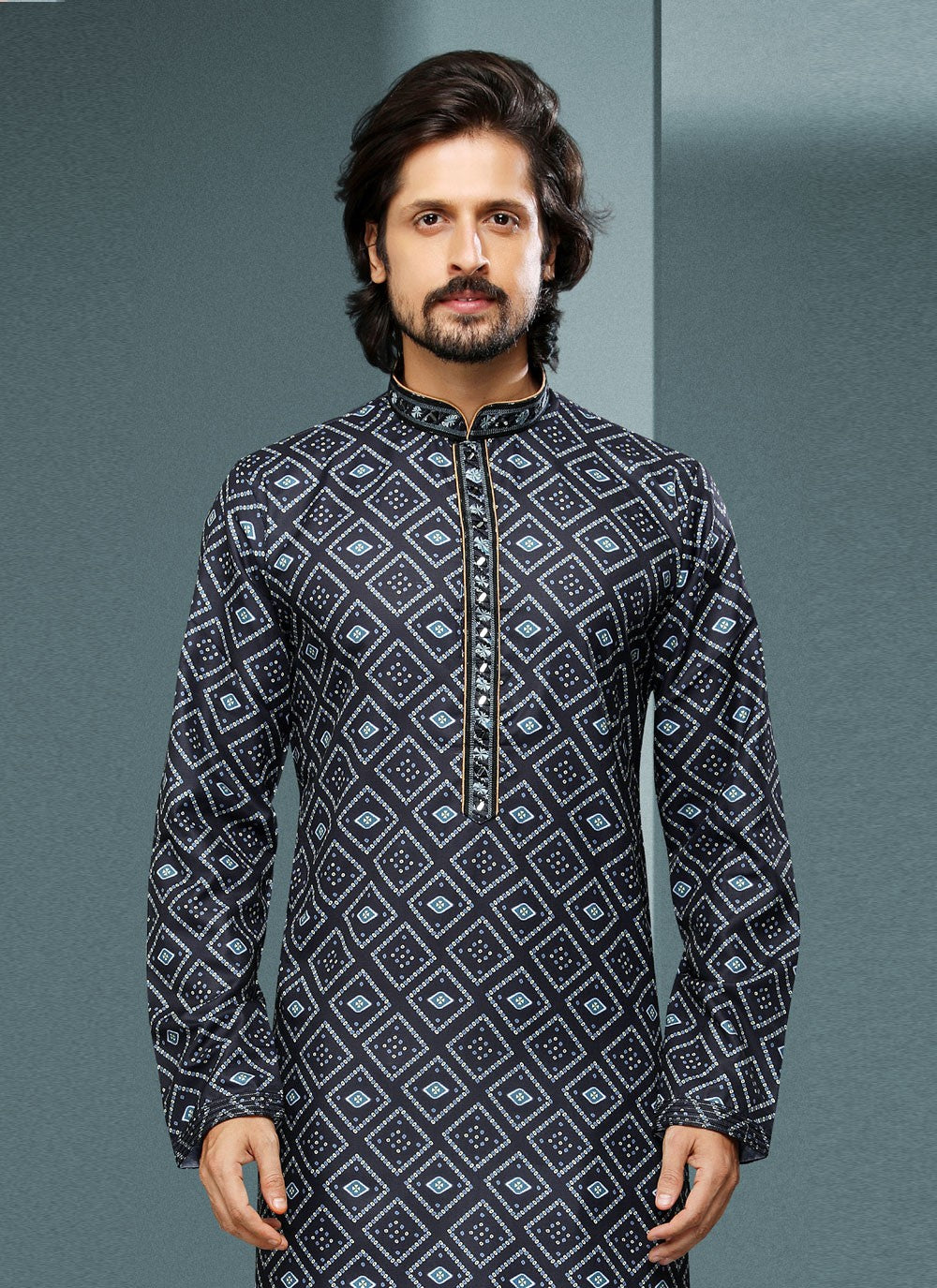 Digital Print Handloom Cotton Black Kurta Pyjama - M4072