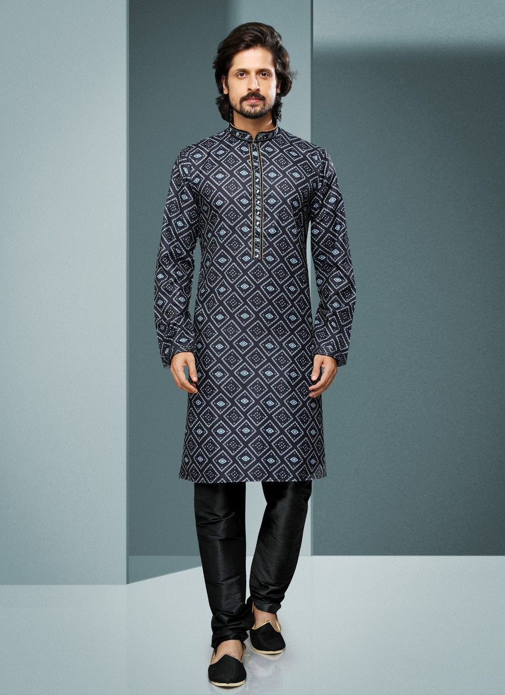 Digital Print Handloom Cotton Black Kurta Pyjama - M4072