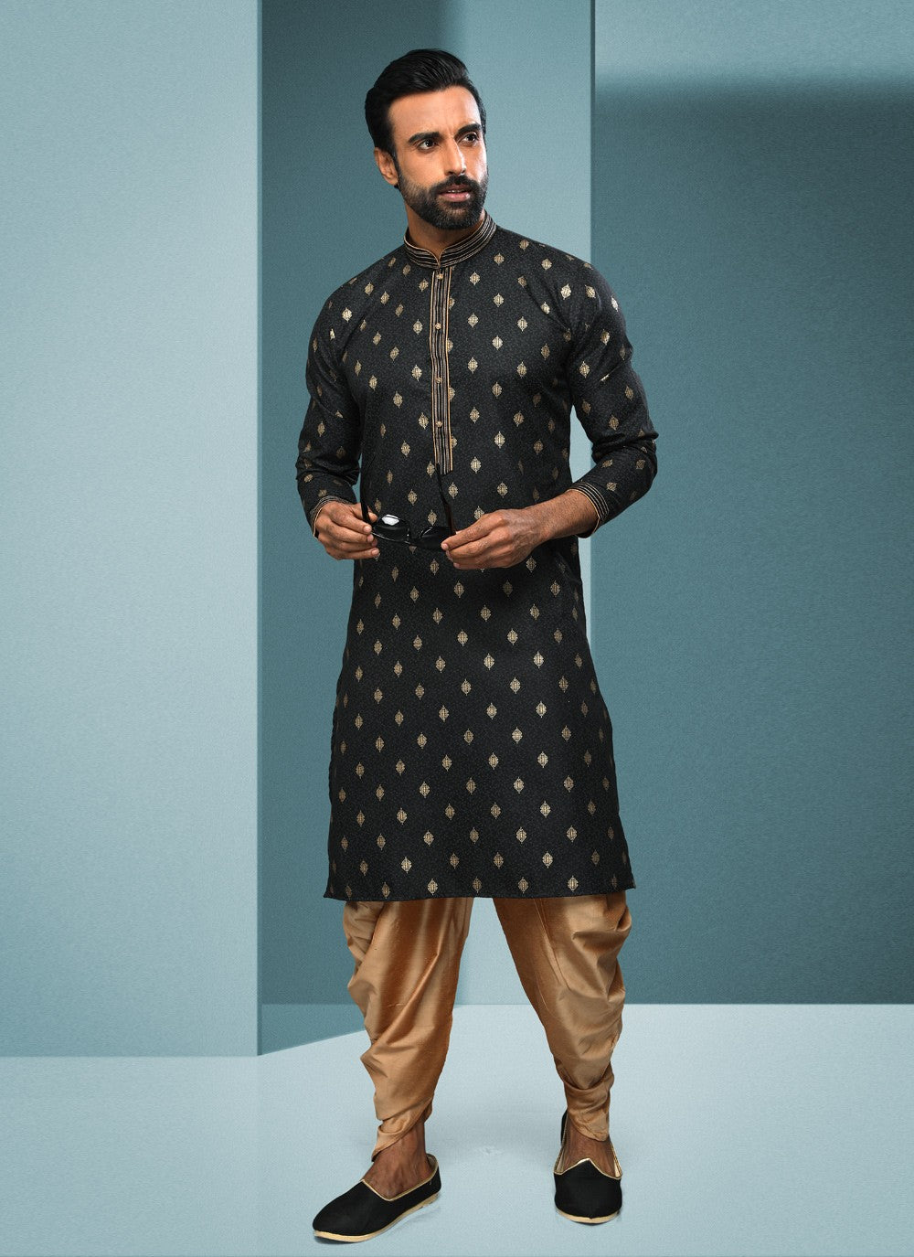 Digital Print Handloom Cotton Black Dhoti Kurta - M4076