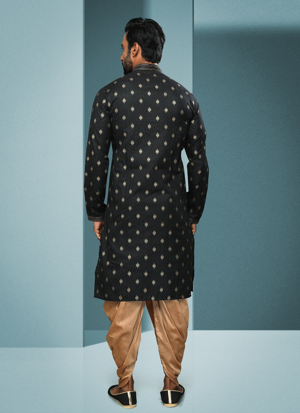 Digital Print Handloom Cotton Black Dhoti Kurta - M4076