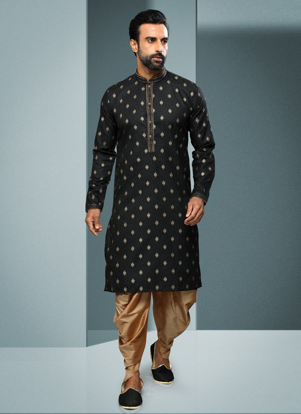 Digital Print Handloom Cotton Black Dhoti Kurta - M4076