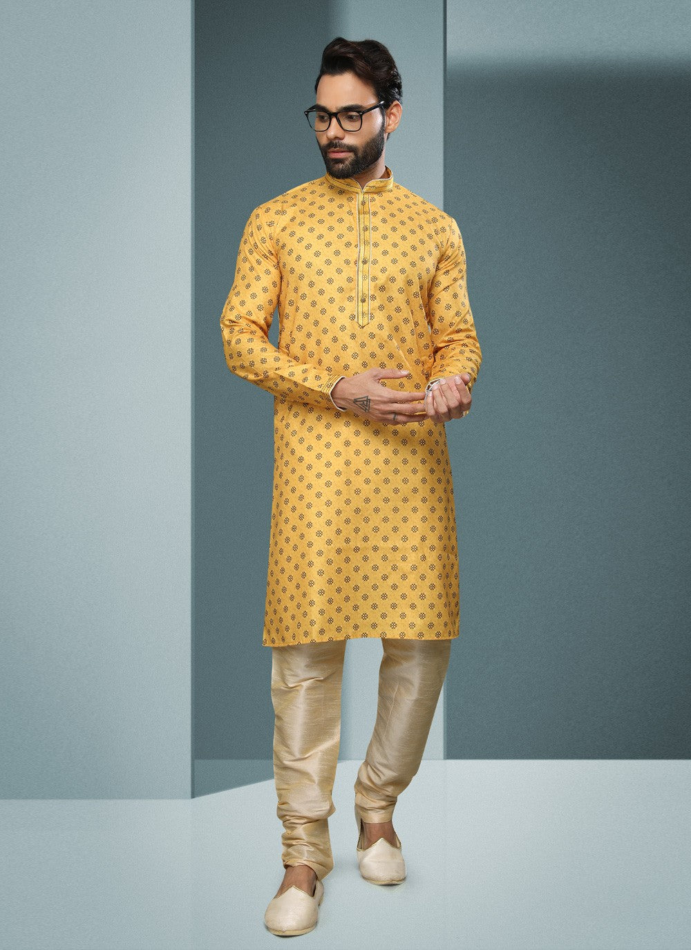 Digital Print Handloom Cotton Yellow Kurta Pyjama - M4063