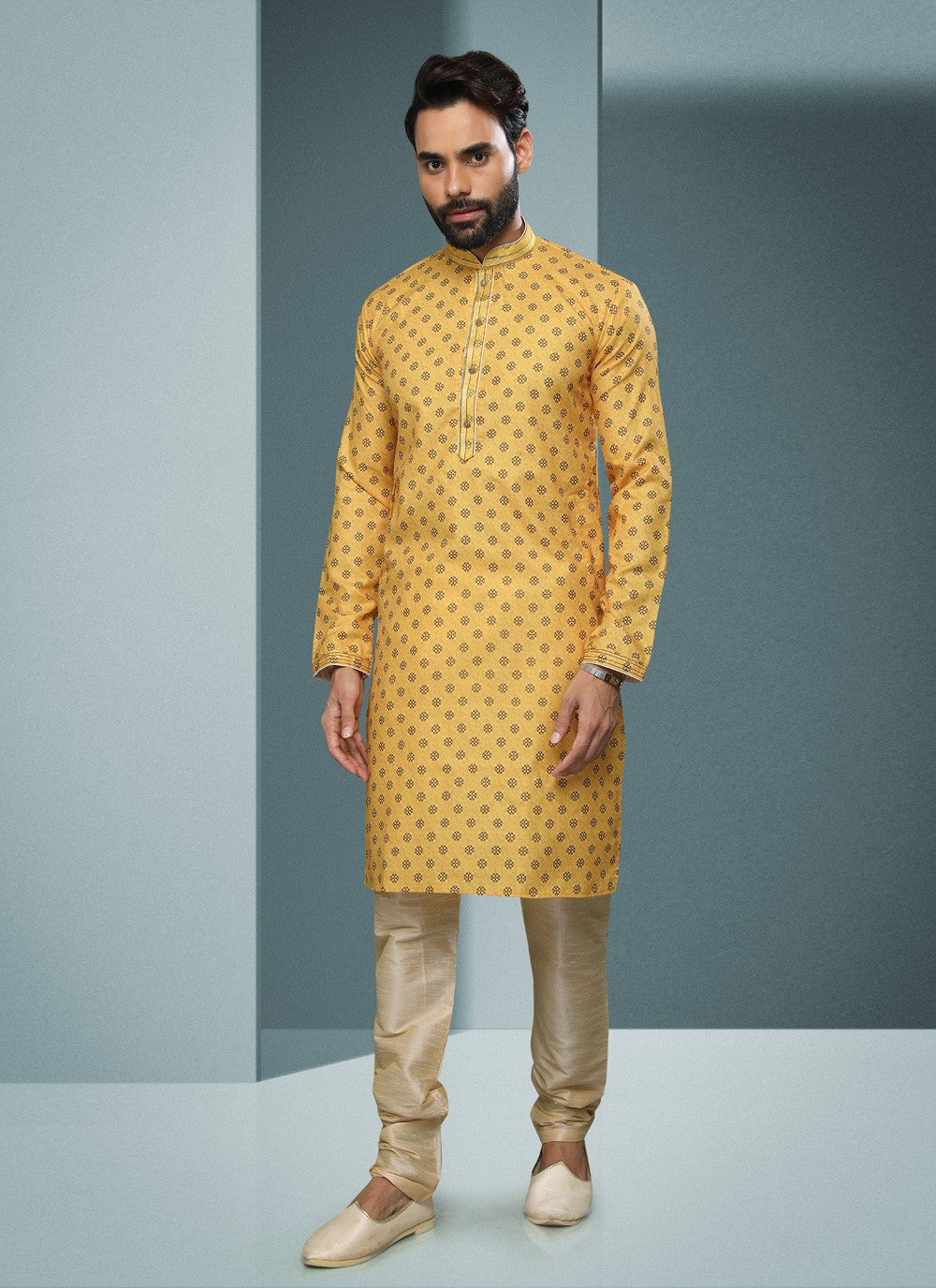 Digital Print Handloom Cotton Yellow Kurta Pyjama - M4063