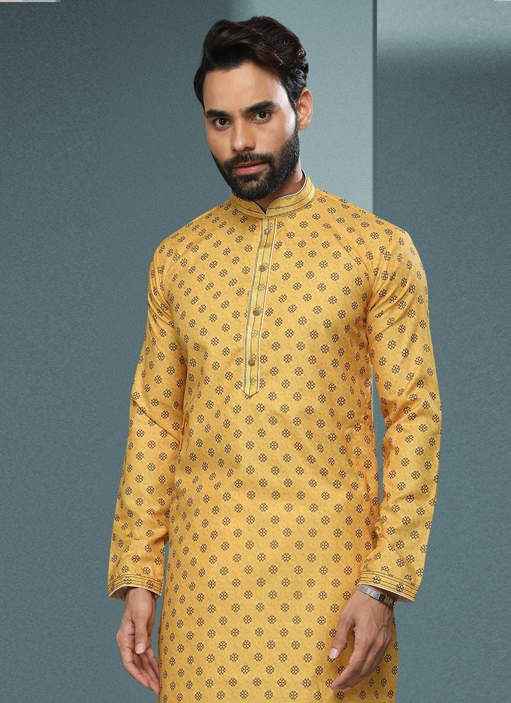 Digital Print Handloom Cotton Yellow Kurta Pyjama - M4063