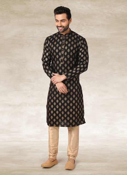 Printed Handloom Cotton Black Kurta Pyjama - M2691