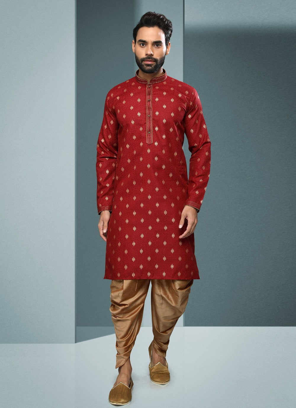 Digital Print Handloom Cotton Maroon Dhoti Kurta - M4073