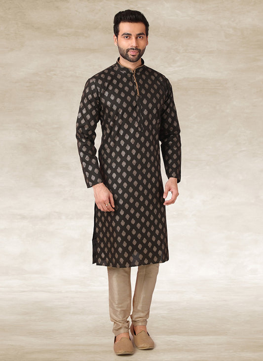 Printed Handloom Cotton Black Kurta Pyjama - M2690