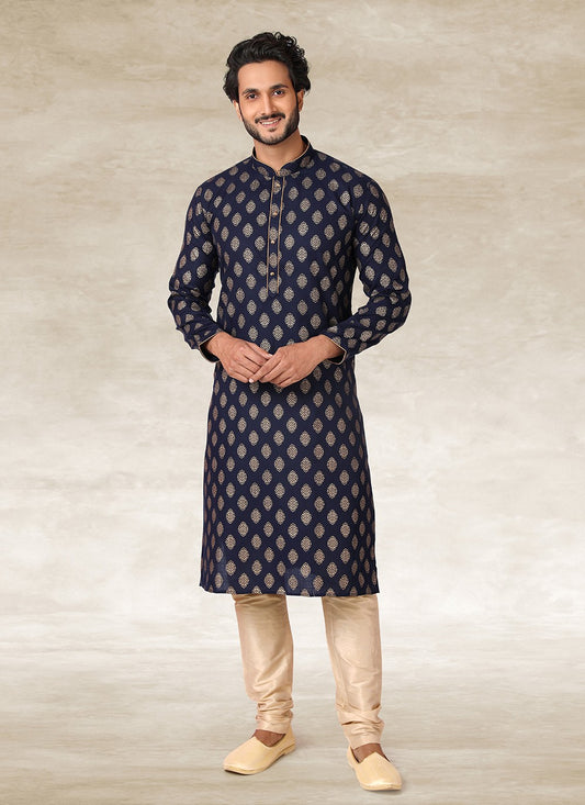 Printed Handloom Cotton Blue Kurta Pyjama - M2693