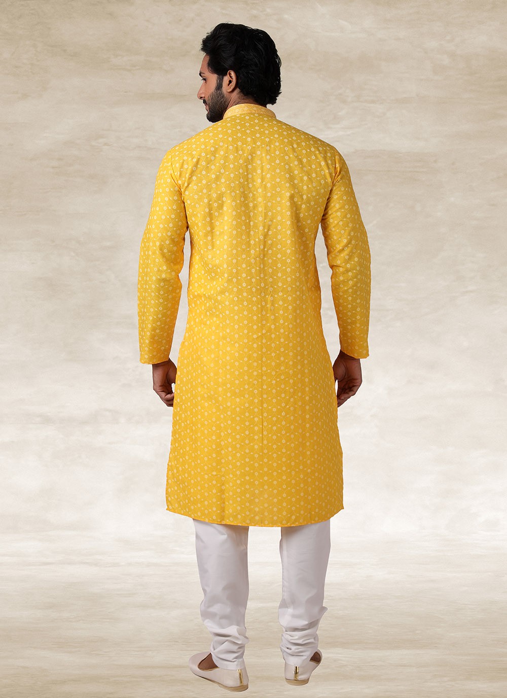 Printed Handloom Cotton Yellow Kurta Pyjama - M2695