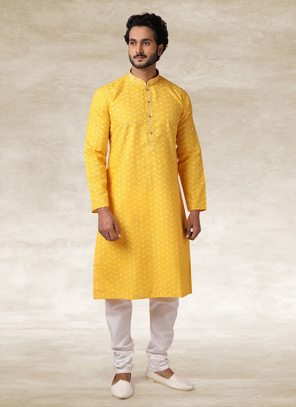 Printed Handloom Cotton Yellow Kurta Pyjama - M2695