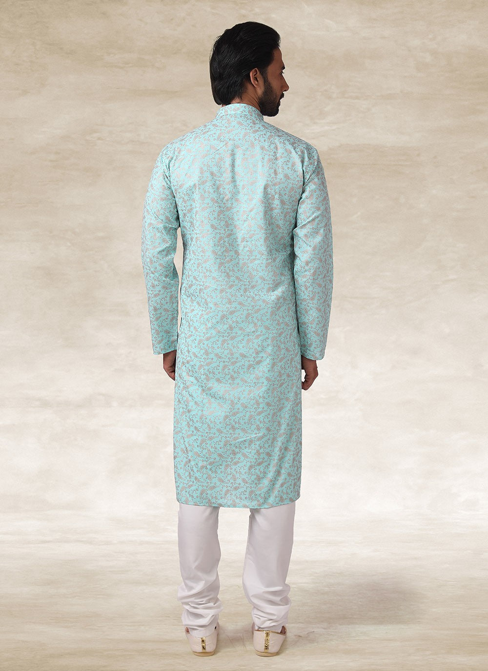 Printed Handloom Cotton Turquoise Kurta Pyjama - M2685