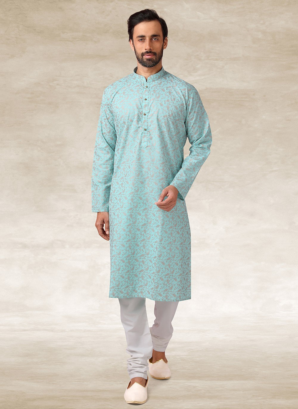 Printed Handloom Cotton Turquoise Kurta Pyjama - M2685