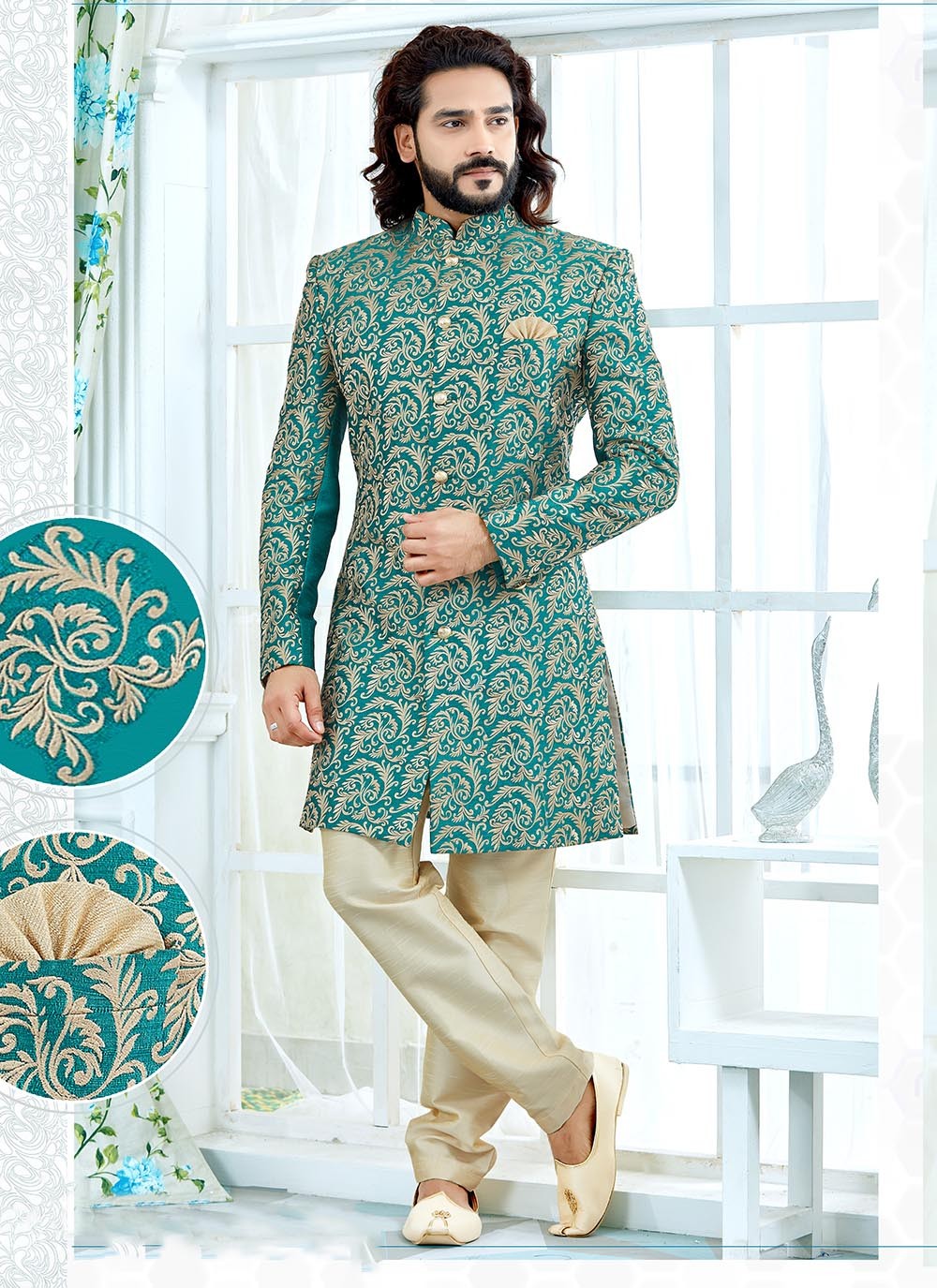 Hand Embroidery Art Silk Rama Indo Western Sherwani - M2109