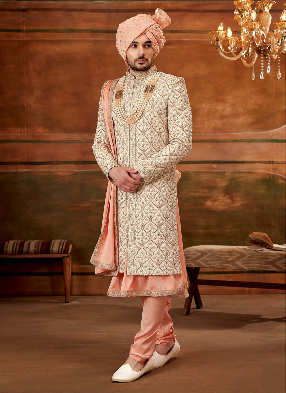 Hand Embroidery Art Silk Cream Sherwani - M4306