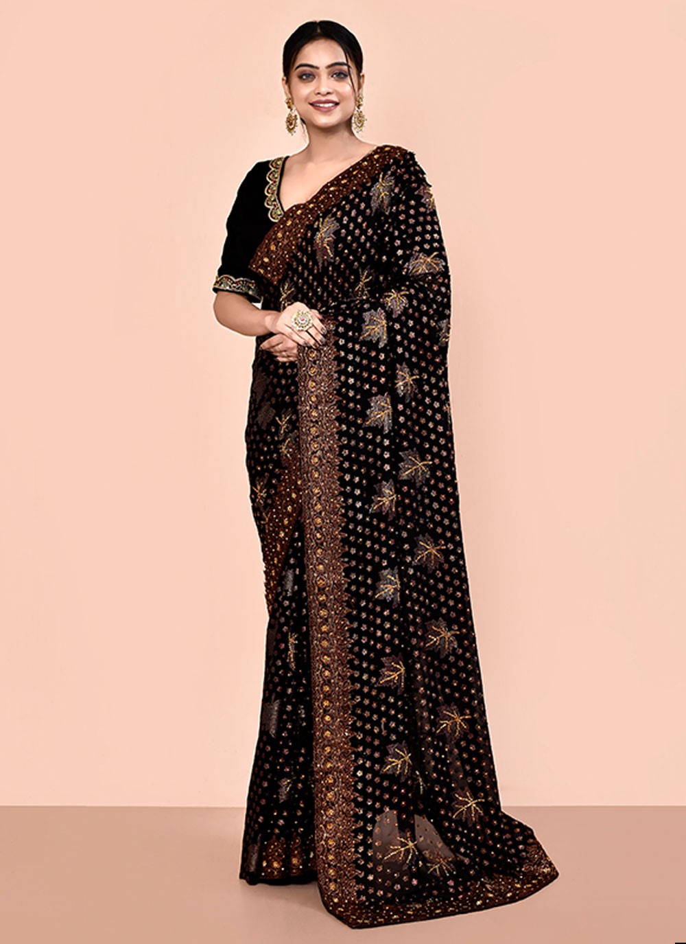 Contemporary Hand Embroidery Georgette Saree - S5499