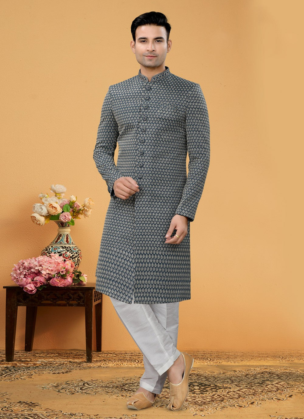 Hand Embroidery Fancy Fabric Green Indo Western Sherwani - M5112