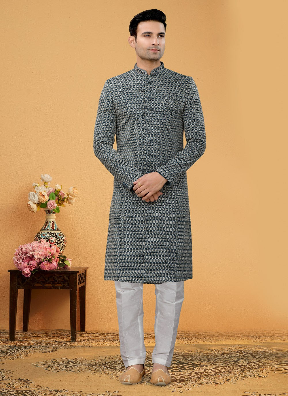 Hand Embroidery Fancy Fabric Green Indo Western Sherwani - M5112