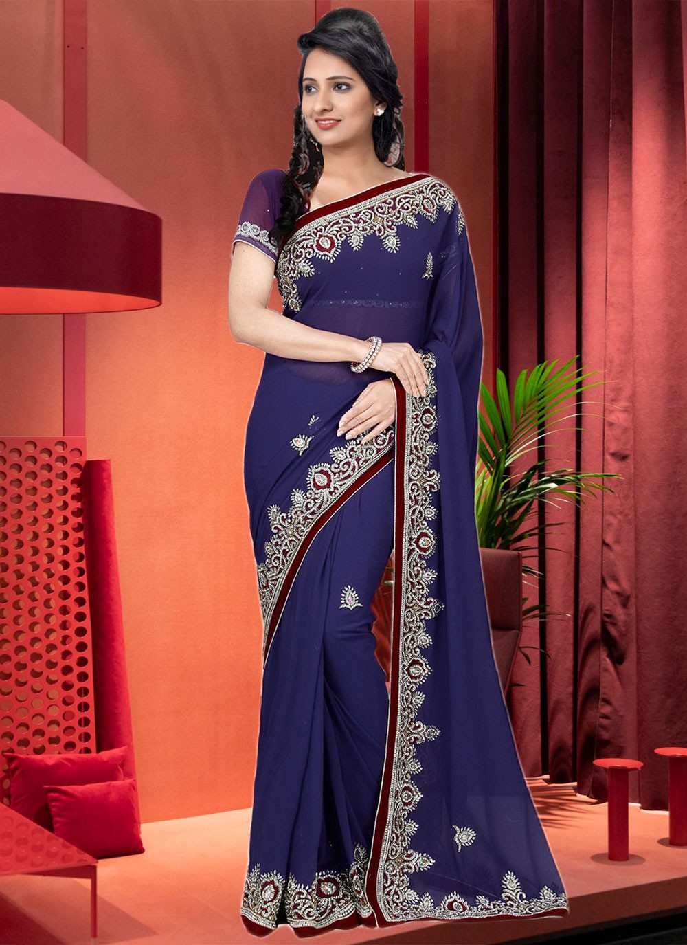 Classic Hand Embroidery Georgette Saree - S2130