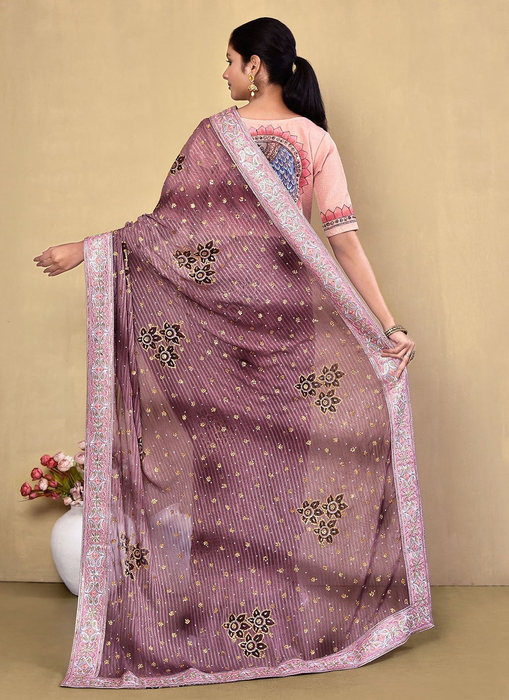 Contemporary Hand Embroidery Georgette Saree - S5499