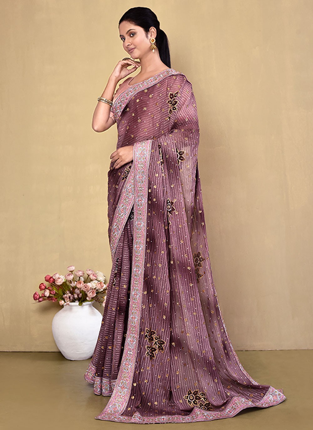 Contemporary Hand Embroidery Georgette Saree - S5499