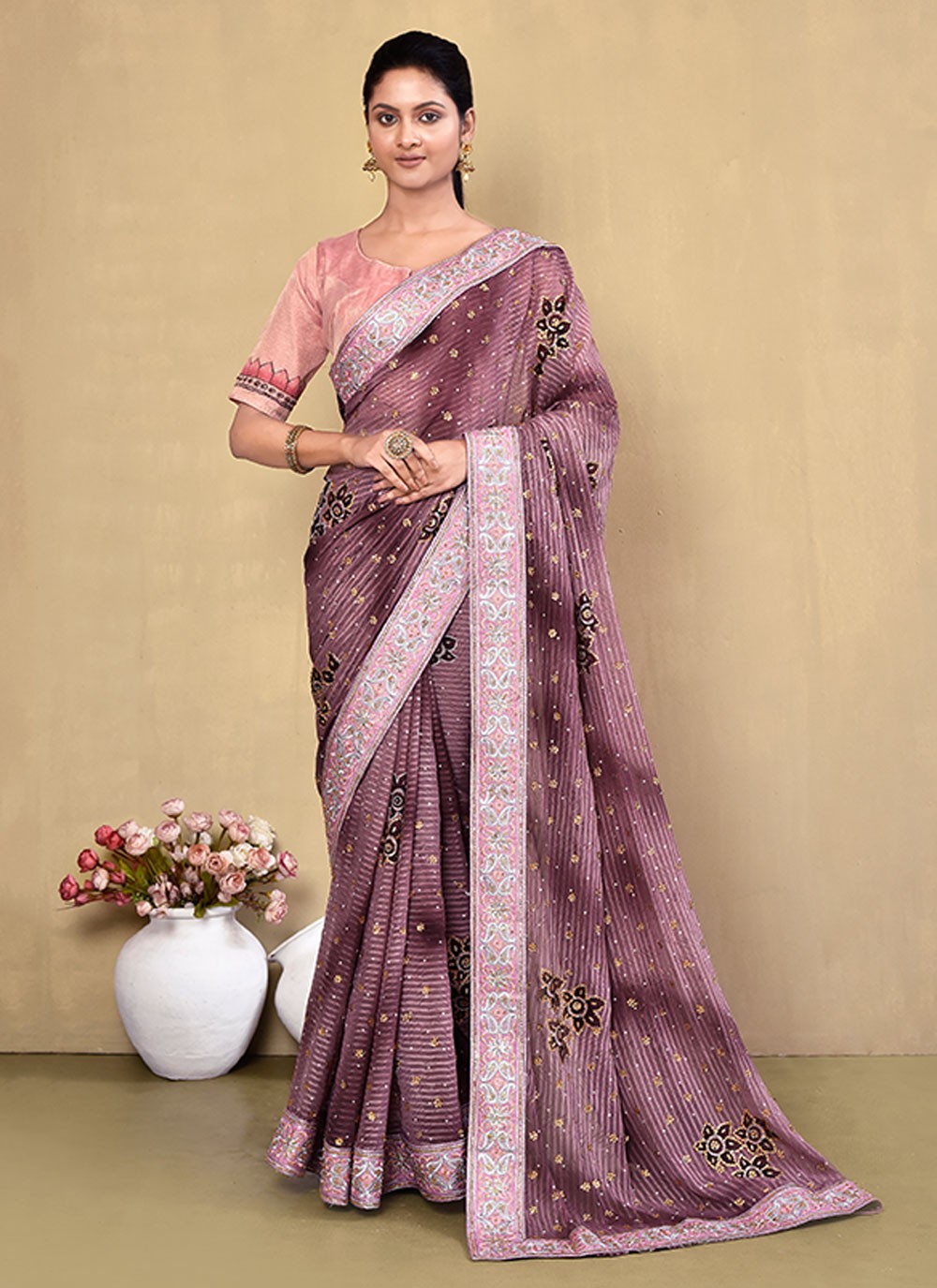 Contemporary Hand Embroidery Georgette Saree - S5499