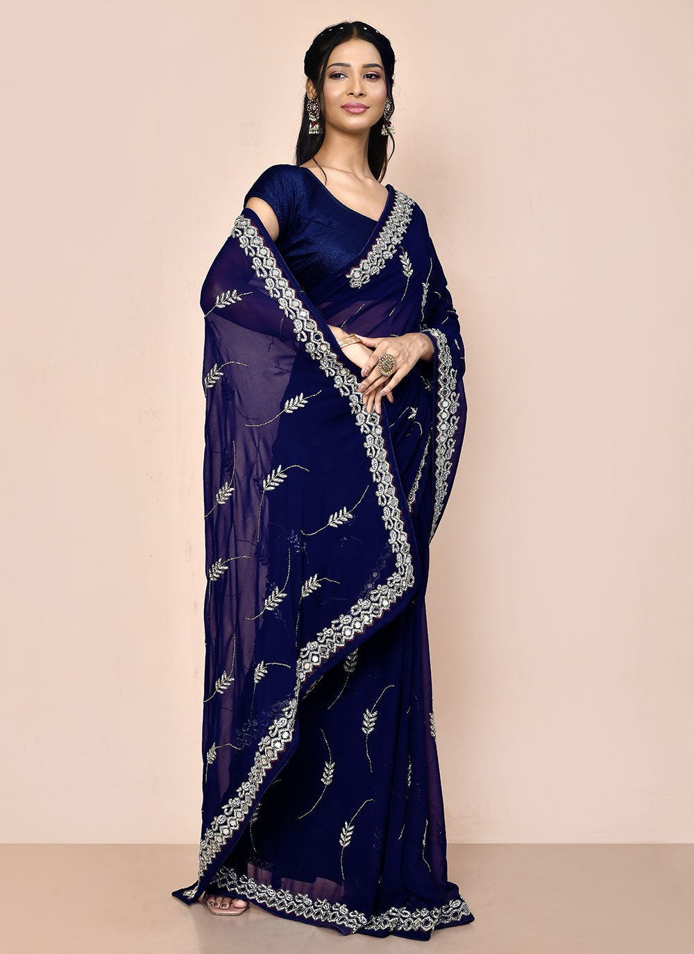 Contemporary Hand Embroidery Georgette Saree - S5499