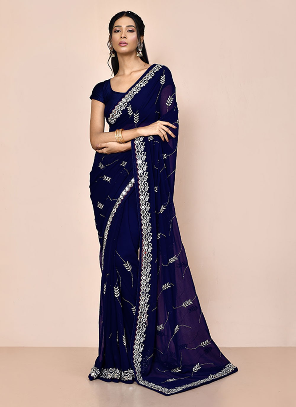 Contemporary Hand Embroidery Georgette Saree - S5499