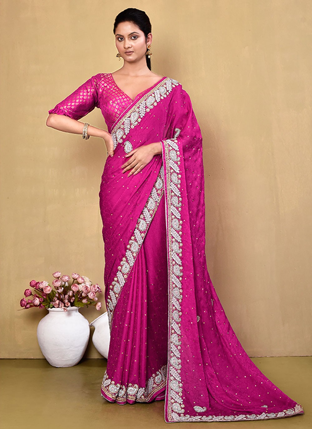 Contemporary Hand Embroidery Georgette Saree - S5499