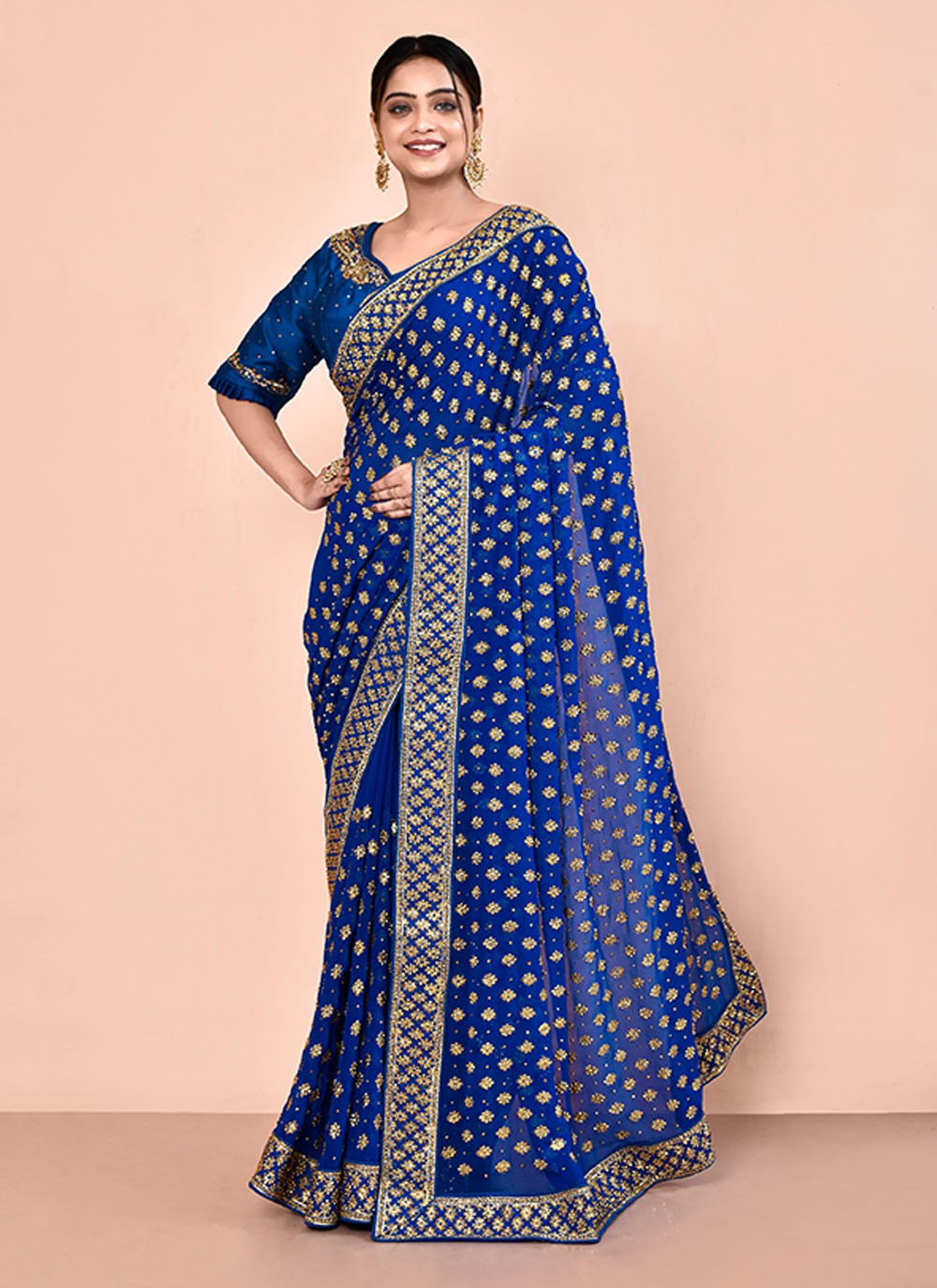 Contemporary Hand Embroidery Georgette Saree - S5499