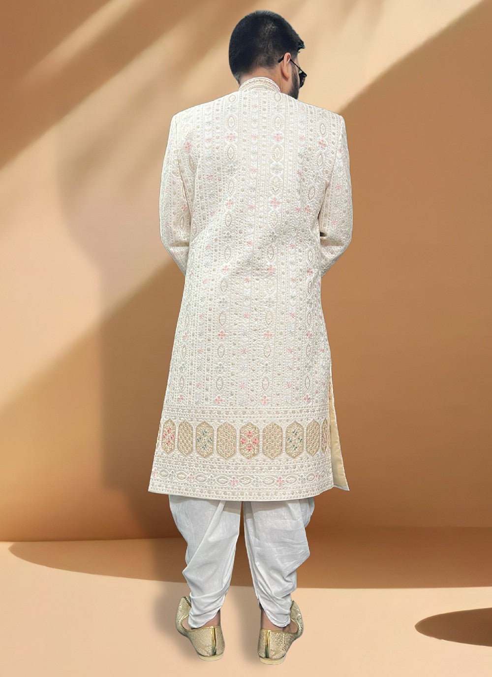 Hand Embroidery Silk Cream Indo Western Sherwani - M5340