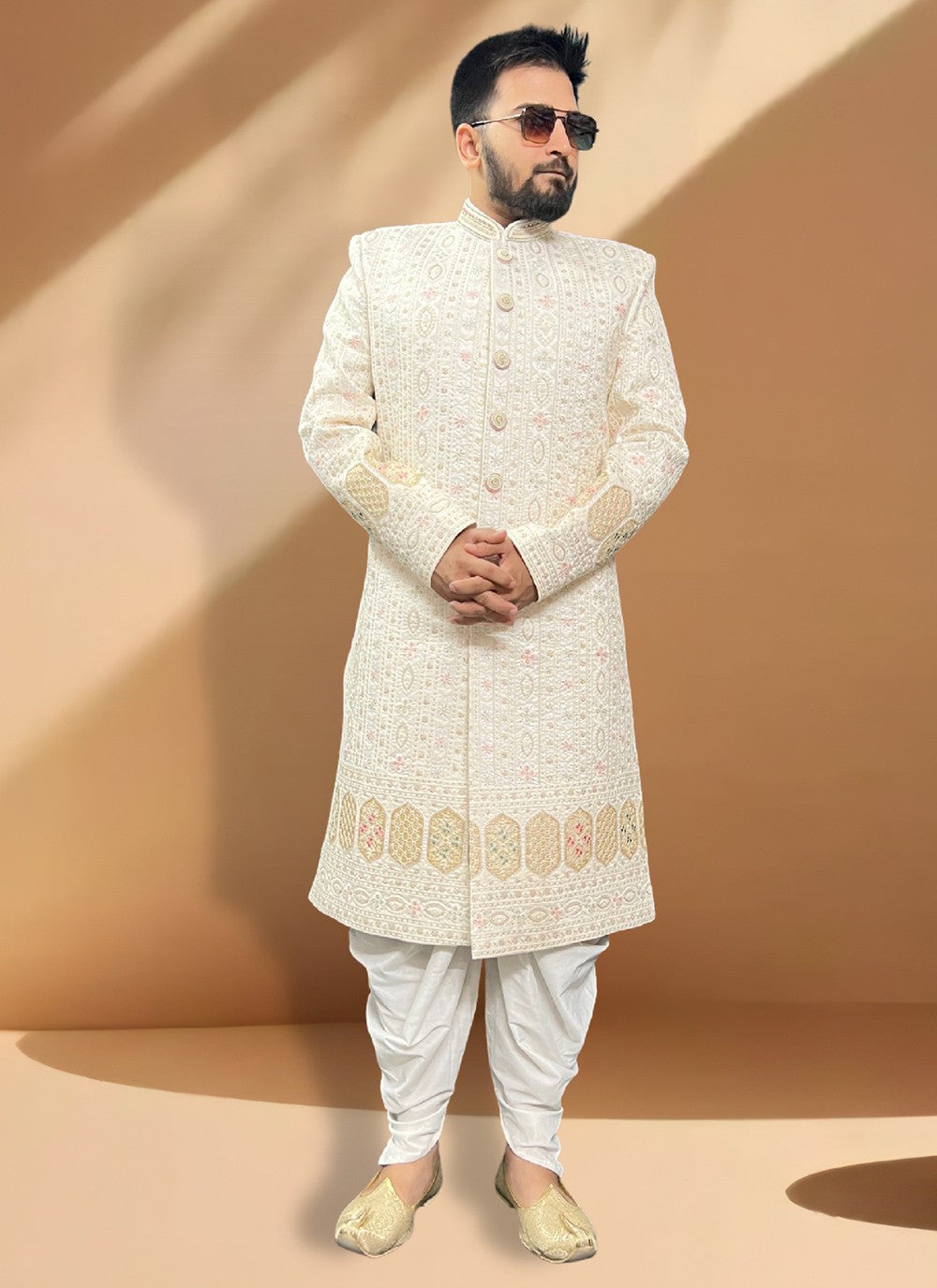 Hand Embroidery Silk Cream Indo Western Sherwani - M5340