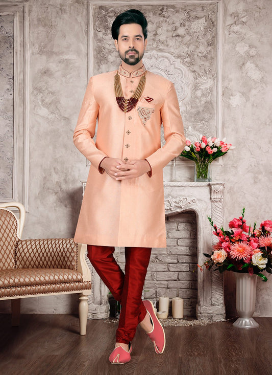 Hand Embroidery Silk Peach Indo Western Sherwani - M3006