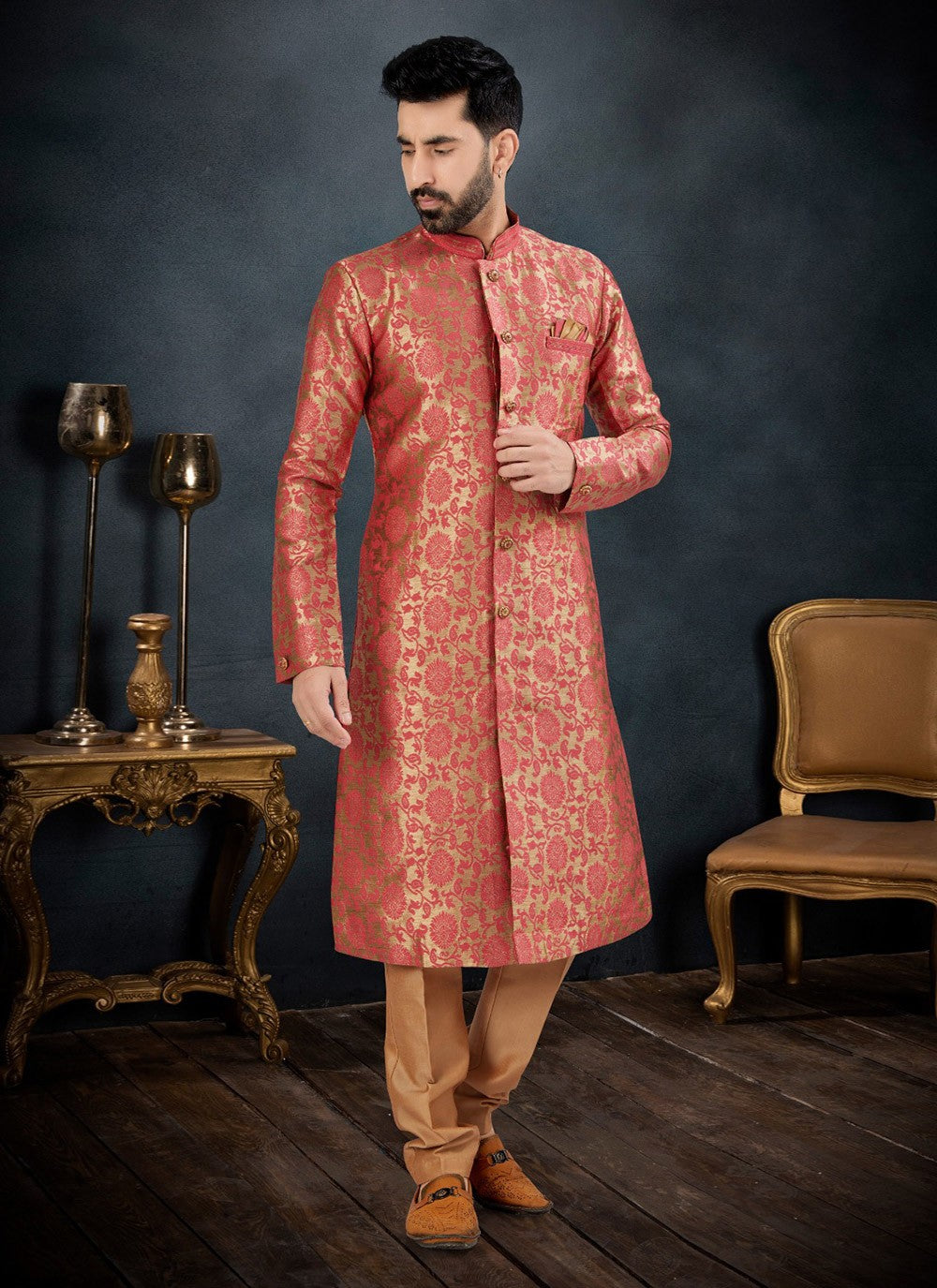 Embroidered Banarasi Jacquard Hot Pink Kurta Pyjama - M7123