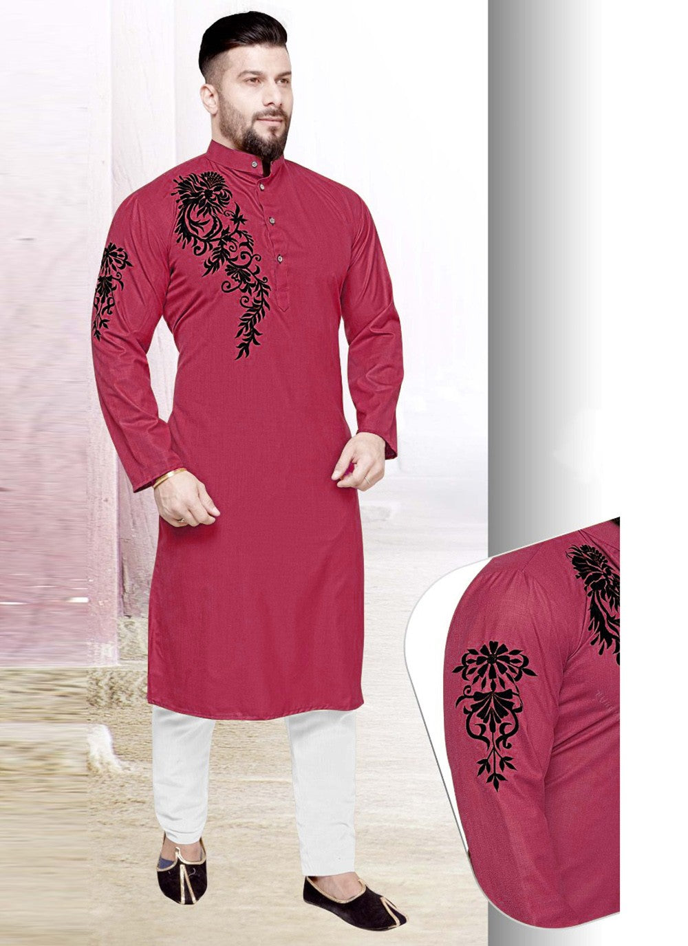 Resham Cotton Hot Pink Kurta Pyjama - M2226