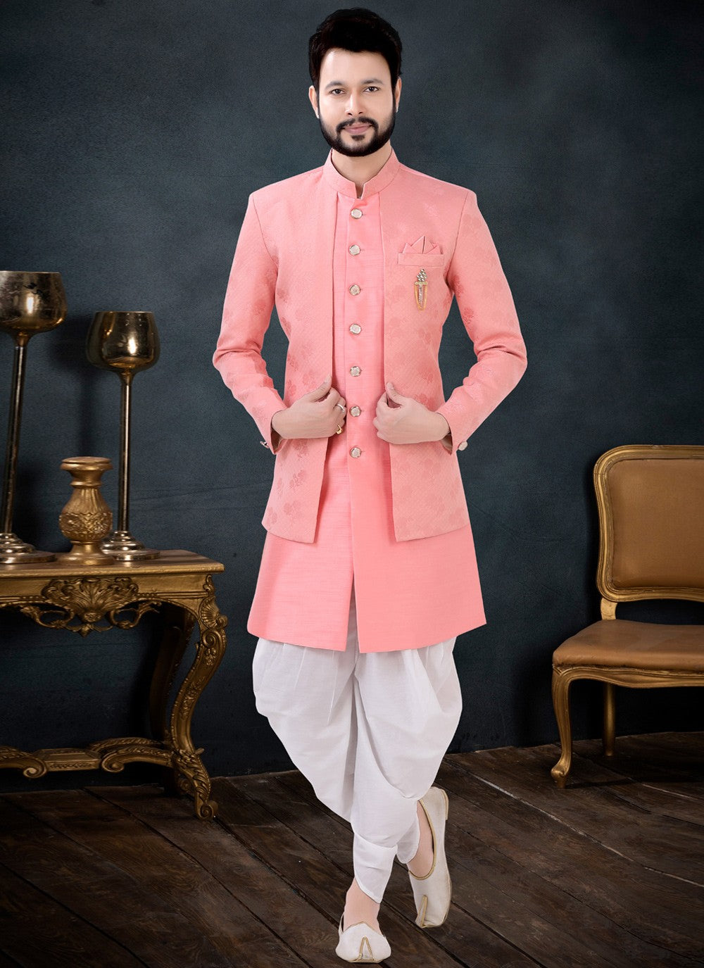 Embroidered Jacquard, Silk Hot Pink Indo Western Sherwani - M4432