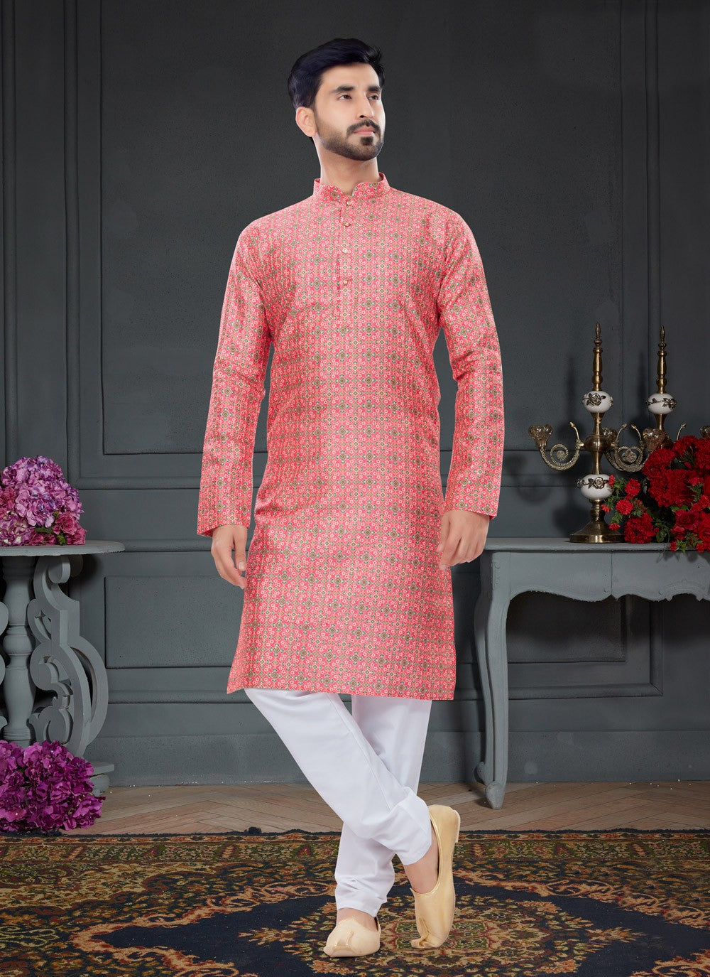 Digital Print Silk Hot Pink Kurta Pyjama - M4739