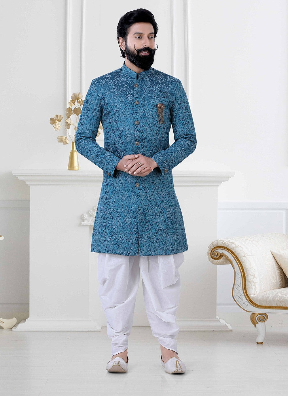 Fancy Work Imported, Jacquard Blue Indo Western - M4197