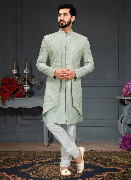 Embroidered Imported, Silk Green Indo Western - M3428