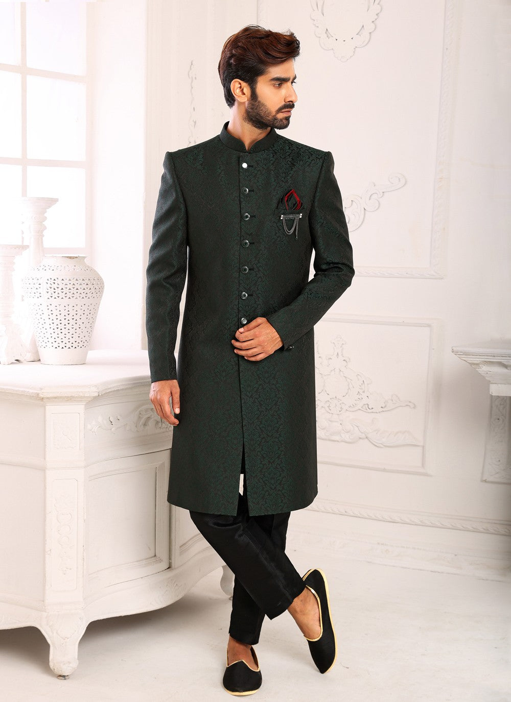 Jacquard Work Imported Green Indo Western Sherwani - M4006