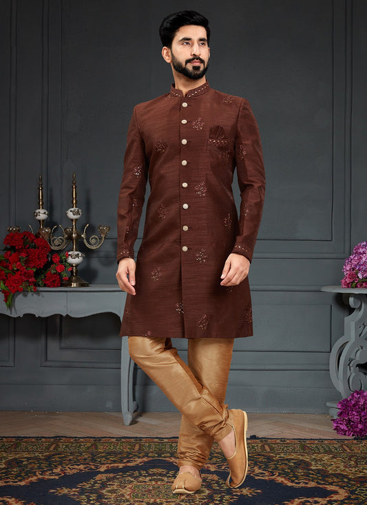 Embroidered Imported, Silk Brown Indo Western - M3439