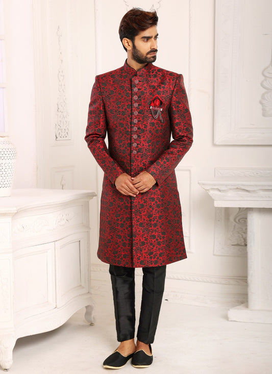 Embroidered Imported, Jacquard Maroon Indo Western - M3800