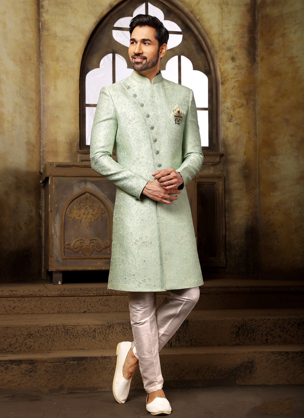 Jacquard Work Imported Green Indo Western Sherwani - M3995