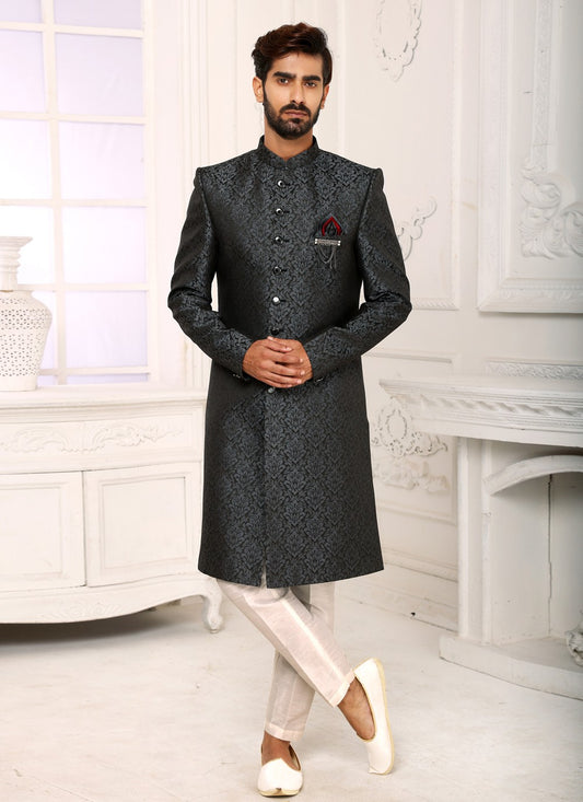 Jacquard Work Imported Grey Indo Western Sherwani - M4009