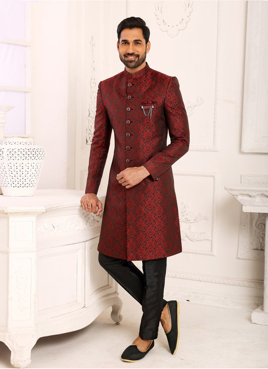 Jacquard Work Imported Maroon Indo Western Sherwani - M4007