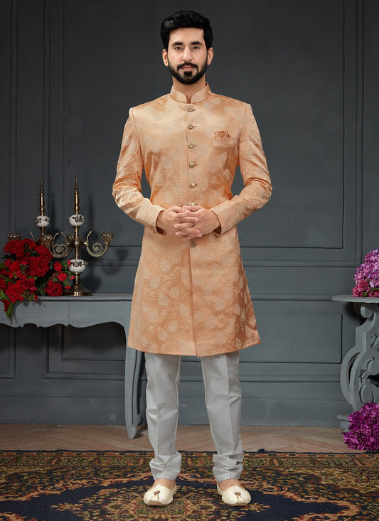 Embroidered Imported, Jacquard Peach Indo Western - M3436