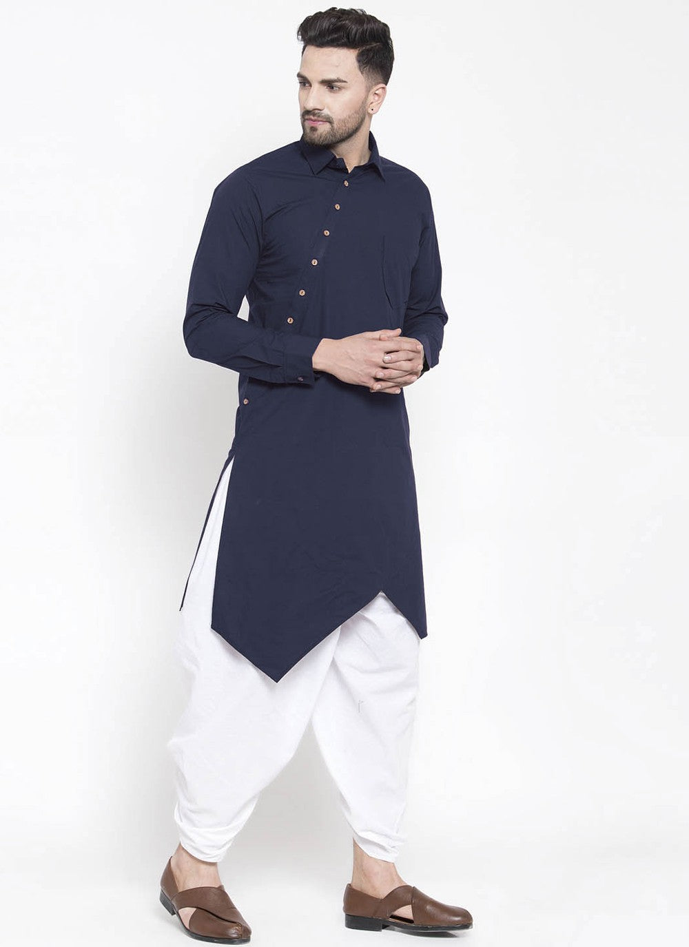 Buttons Blended Cotton Navy Blue Indo Western - M4519