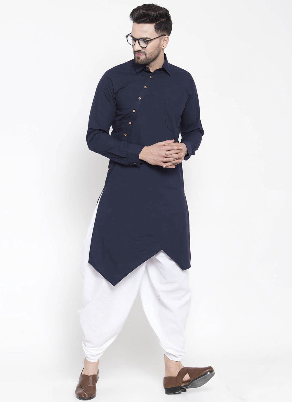 Buttons Blended Cotton Navy Blue Indo Western - M4519