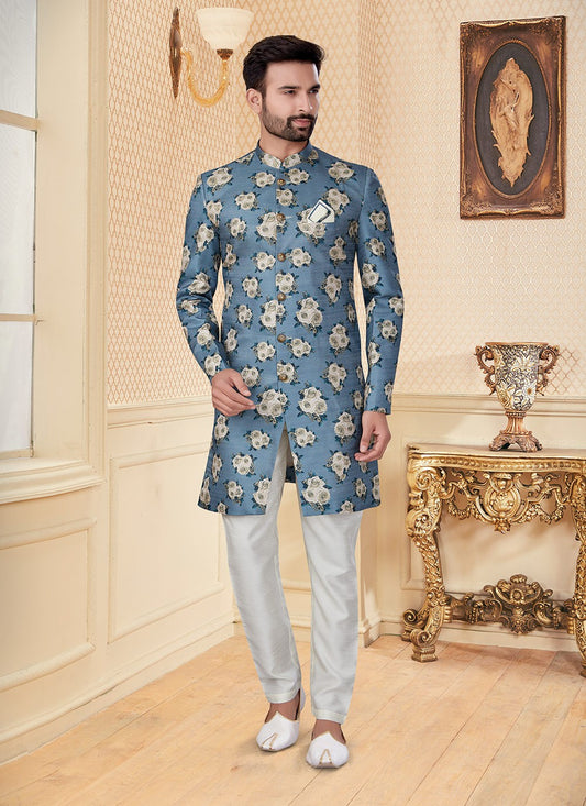 Digital Print Jacquard Aqua Blue Indo Western - M2947